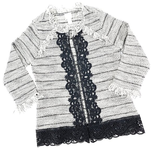 Chico's Sweaters - Chico's EUC Women's 0 Black White Laced Fringe Cardigan Cotton Blend Tweed